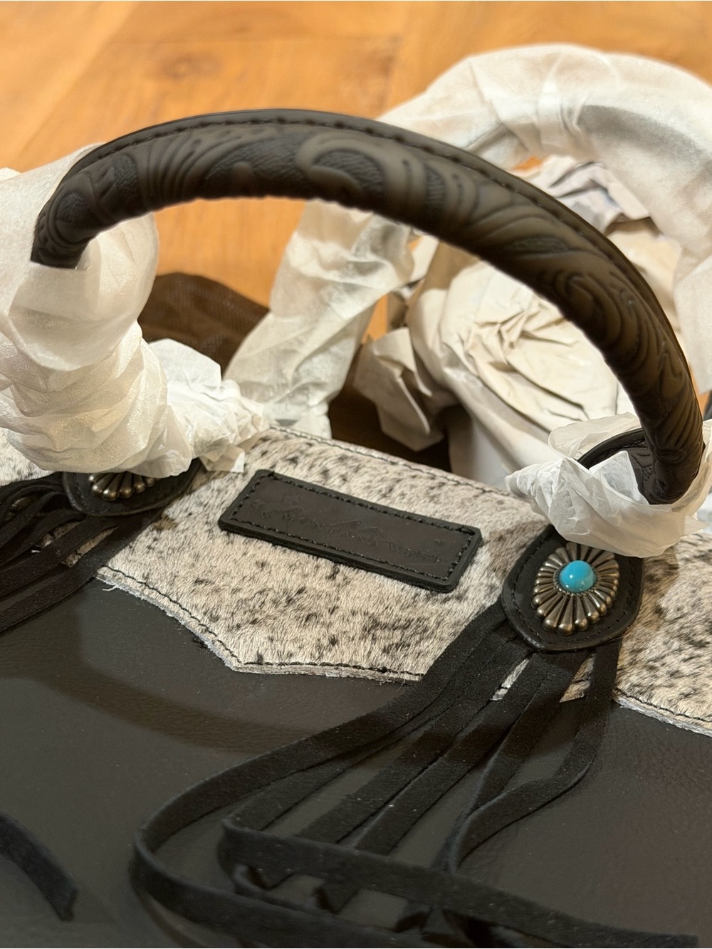 Montana West Black Satchel with Gray Hair-On Accent and Turquoise Conchos - Picture 4 of 9